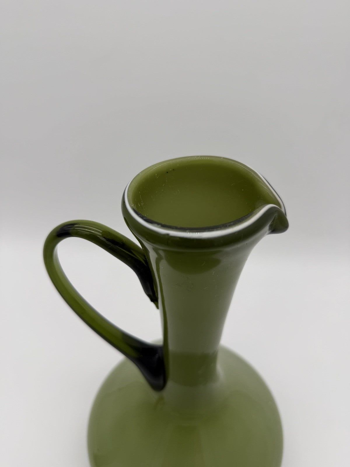 MCM Empoli Italy Olive Green Cased Art Glass Ewer Pitcher Wine Bottle Italy 12”