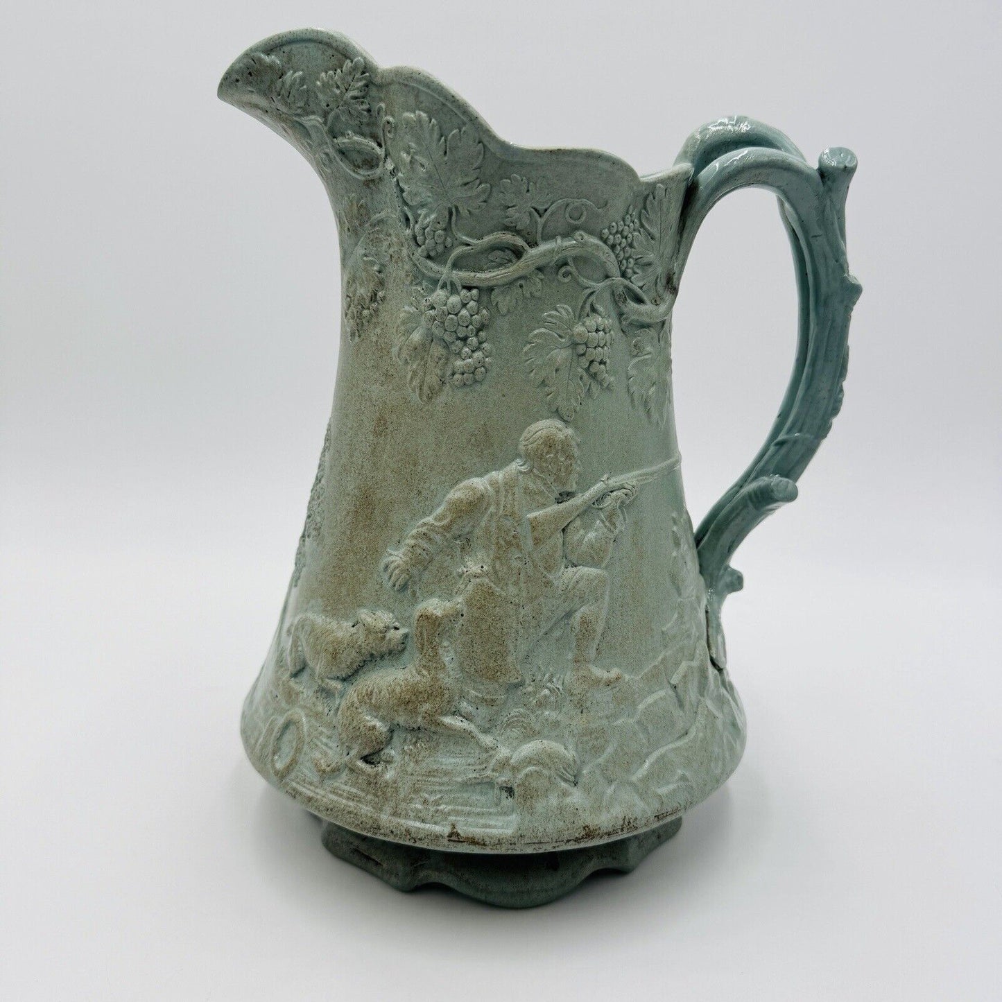 Parian Ware Relief Jug Pitcher Large Green Pottery Embossed Grapes Antique