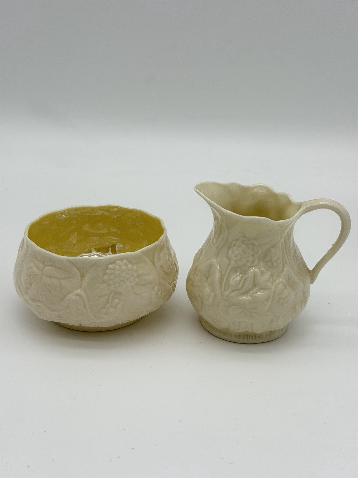 Belleek Ireland porcelain Lotus pattern creamer and open sugar bowl set Vintage