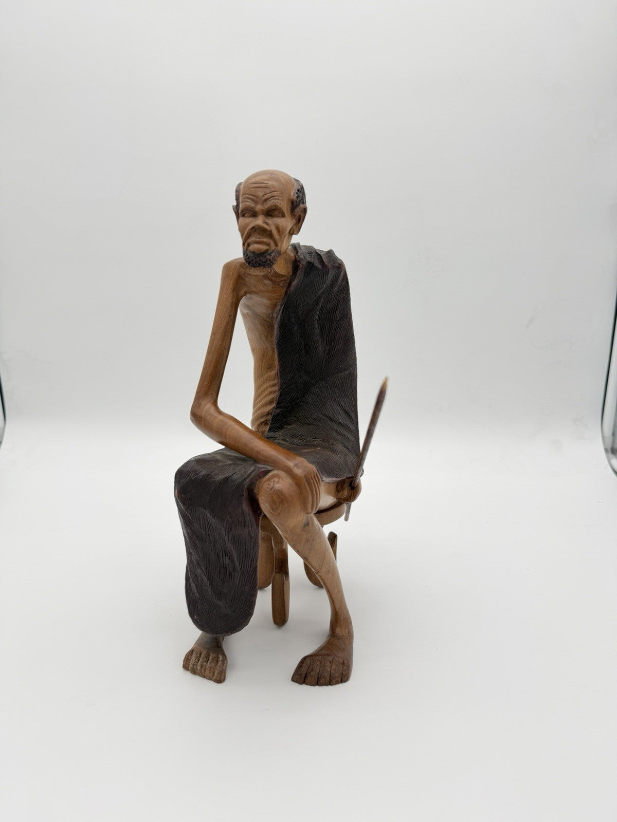Vintage Folk Art Hand Carved Wood African Tribal Hunter Sculpture 13”H