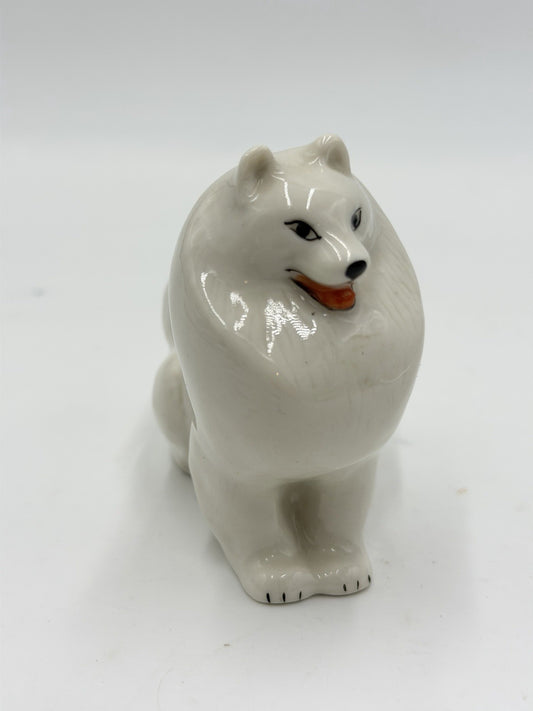 Vintage USSR Lomonosov Porcelain Dog Figurine Russia Samoyed White Glossy 3” H