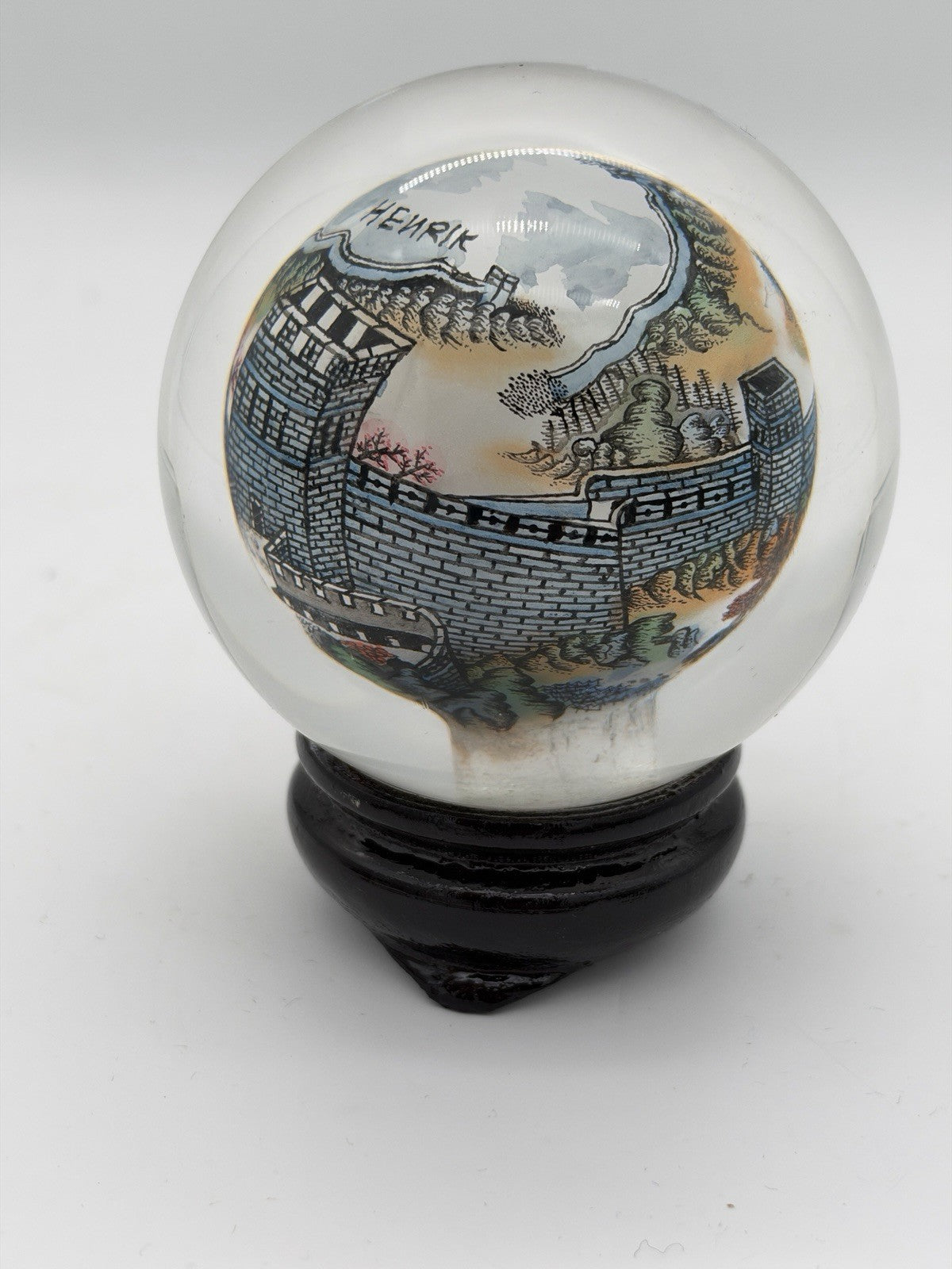 Chinese Reverse Painted Great Wall Art Glass Crystal Ball Sphere Signed 3.5”