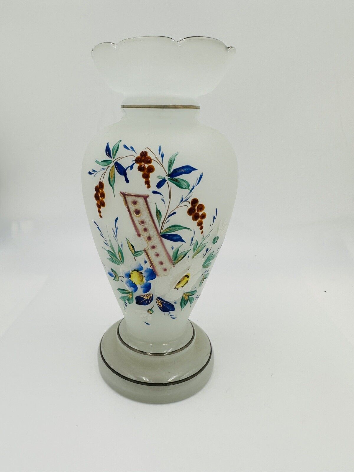 Vase Victorian Bristol Opaline Floral Hand Blown & Hand-Painted on White Decor