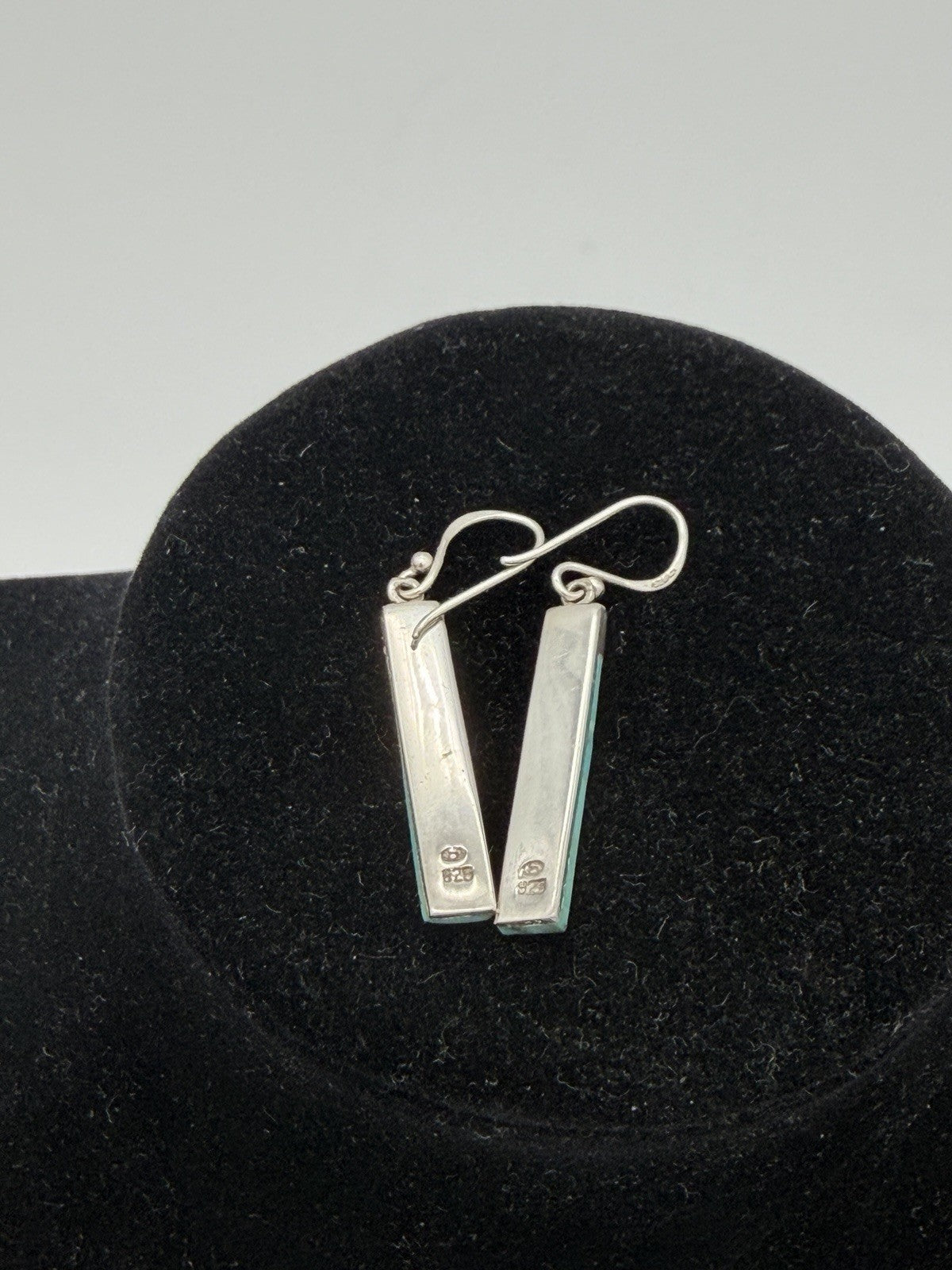 Sterling silver dangle earrings slender rectangular turquoise stone drops 925