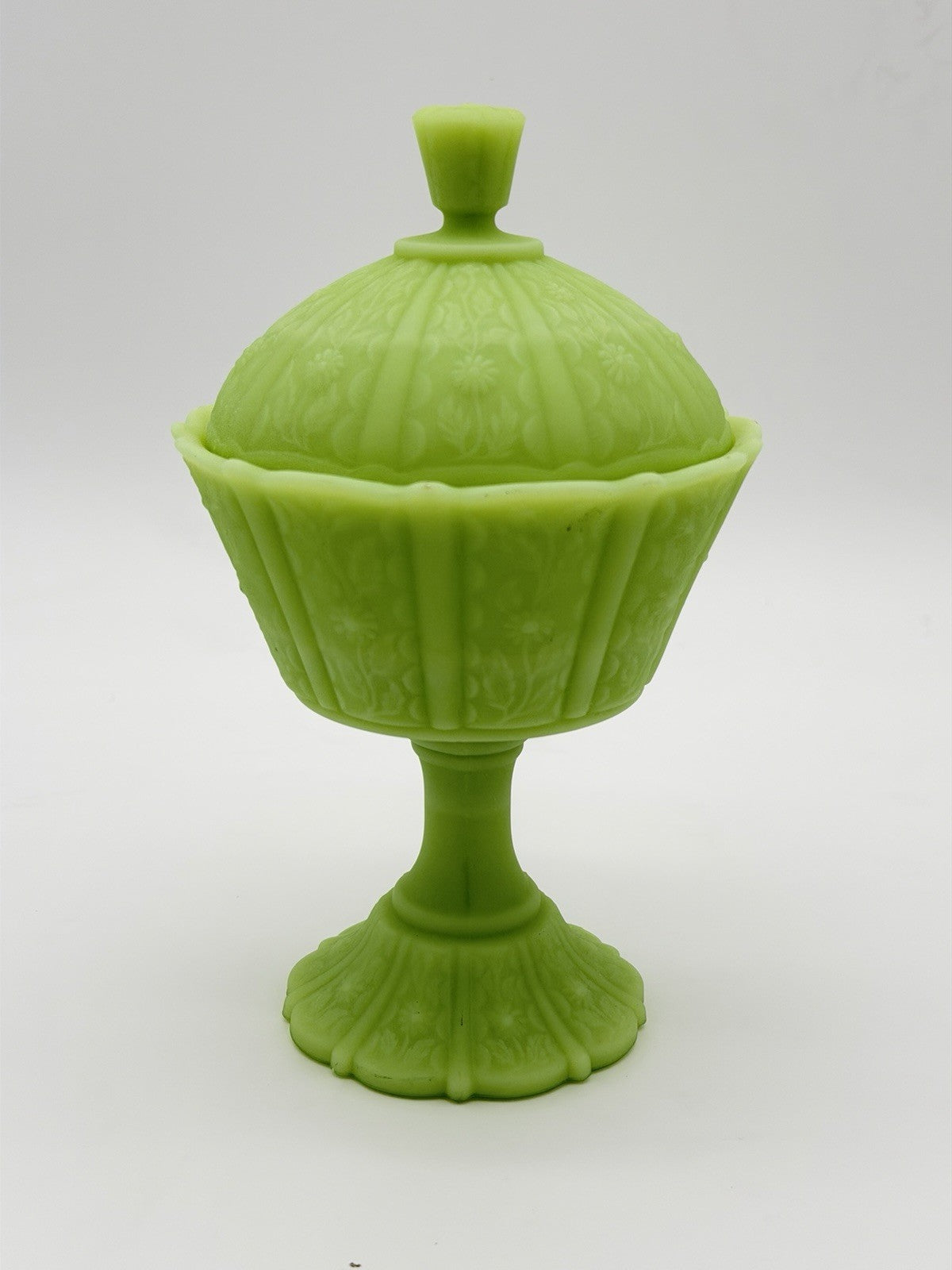 Fenton Art Glass Lime Green Satin Custard Compote Candy Dish Daisy Uranium 9”