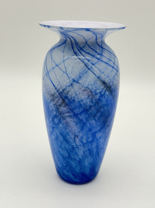 Michael Nourot Studio Art Glass 7.5”H White Cased Blue Vintage Vase 1984