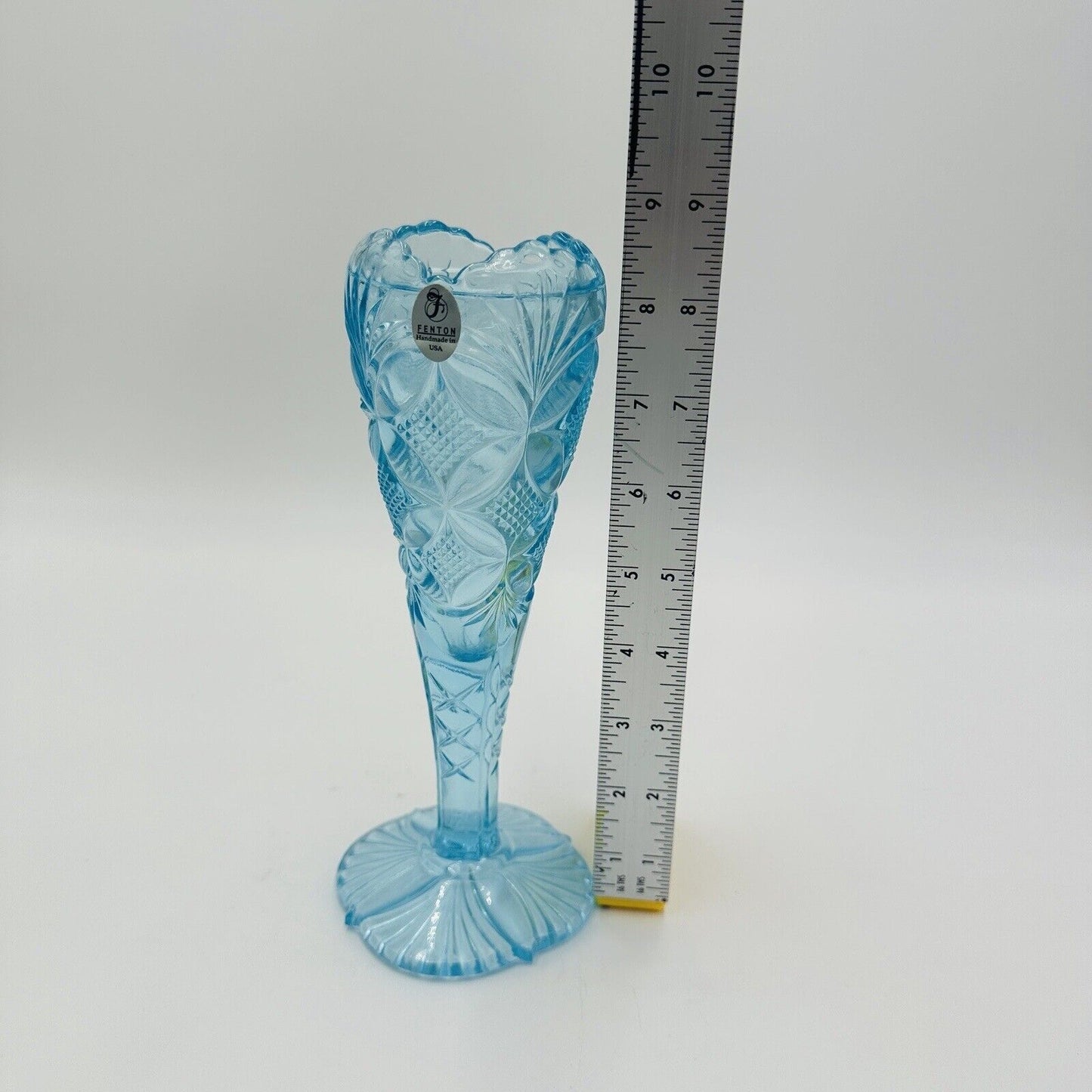 Fenton Art Glass Vase Aqua Blue With Etched Butterfly & Diamond Pattern Vintage