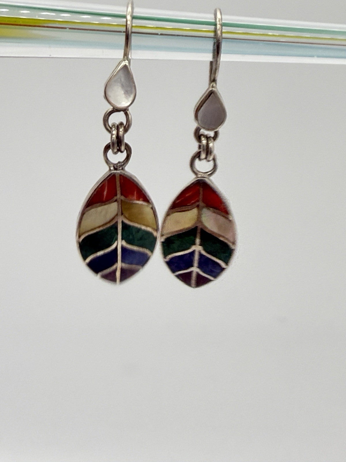 Sterling Silver Women's Earrings Alpaca Natural Stone Kantu Leaf Design Rainbow