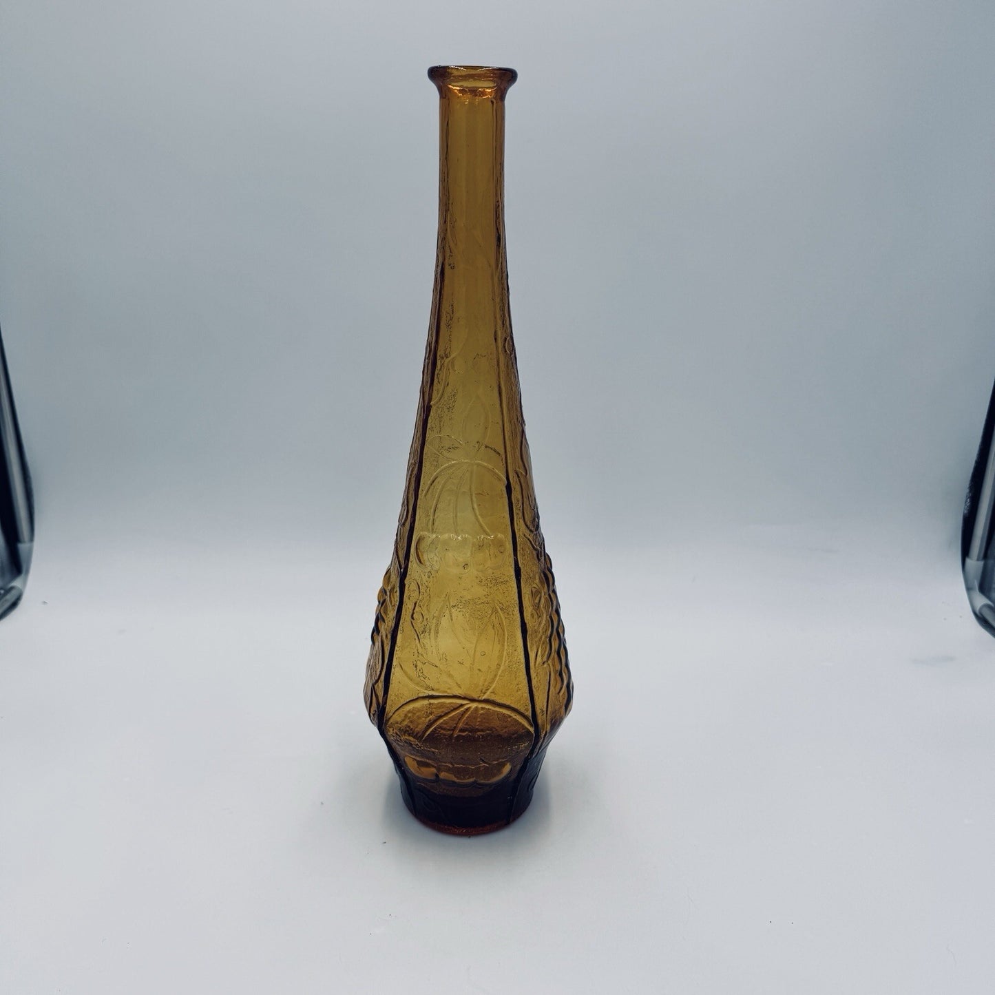 MCM EMPOLI DECANTER AMBER ART GLASS ITALY 1960's Genie Bottle Fruit Embossed