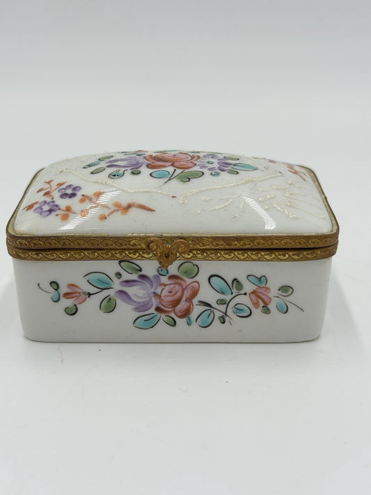 Antique France Made Porcelain Floral Painted Metal Accents Trinket Jewelry Box