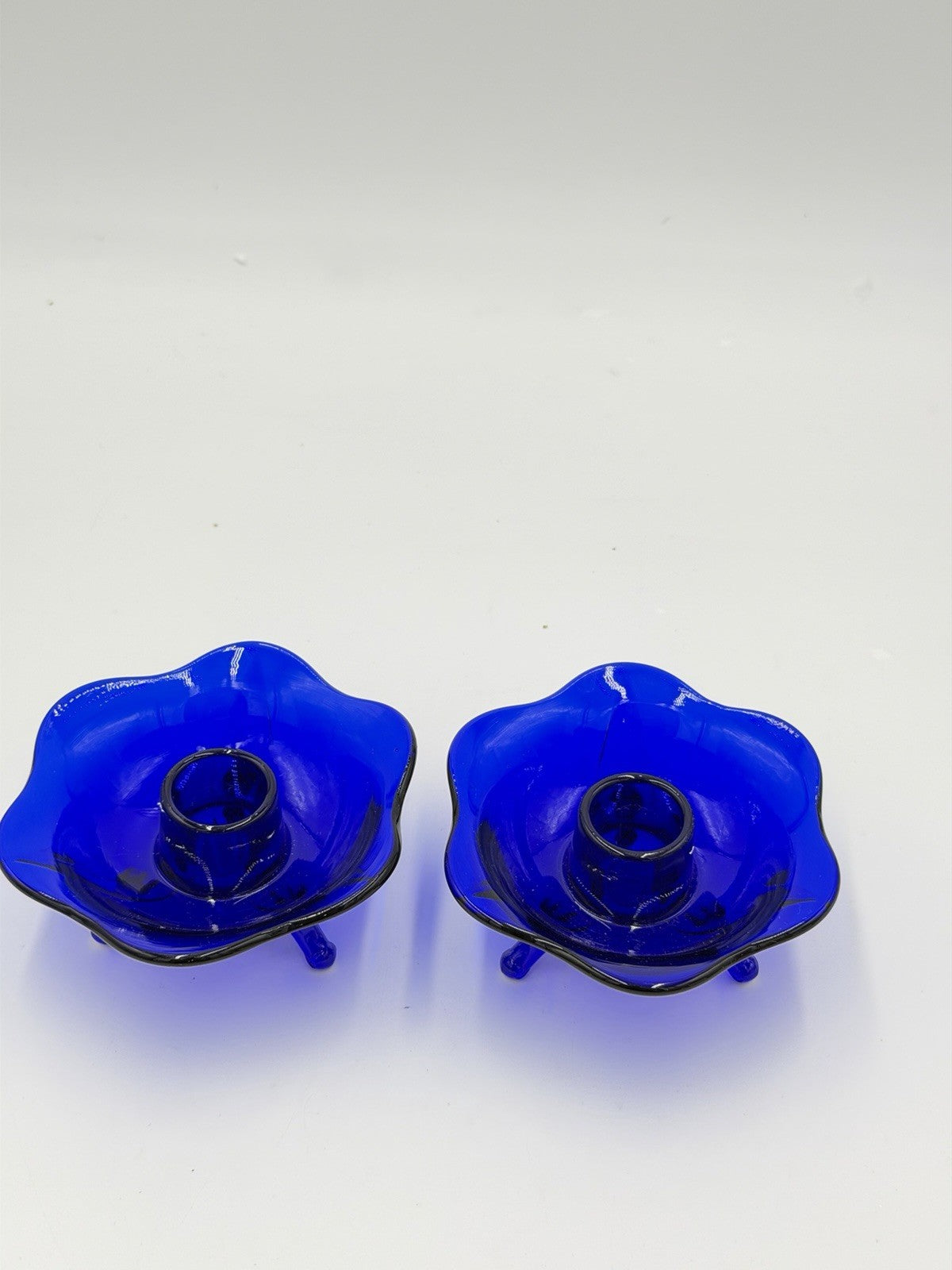 Fenton Art Glass Blue Cobalt Footed Candle Holder Set 2 PCs Vintage
