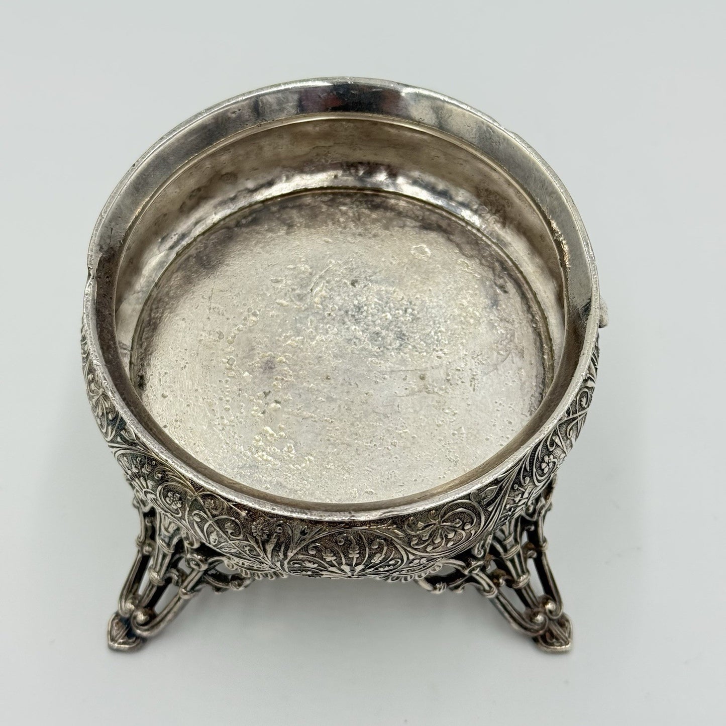 Antique Racine.SP. CO Silver Plate Salt Cellar Ornate Four Legs Rare 2.3”x 3.3”