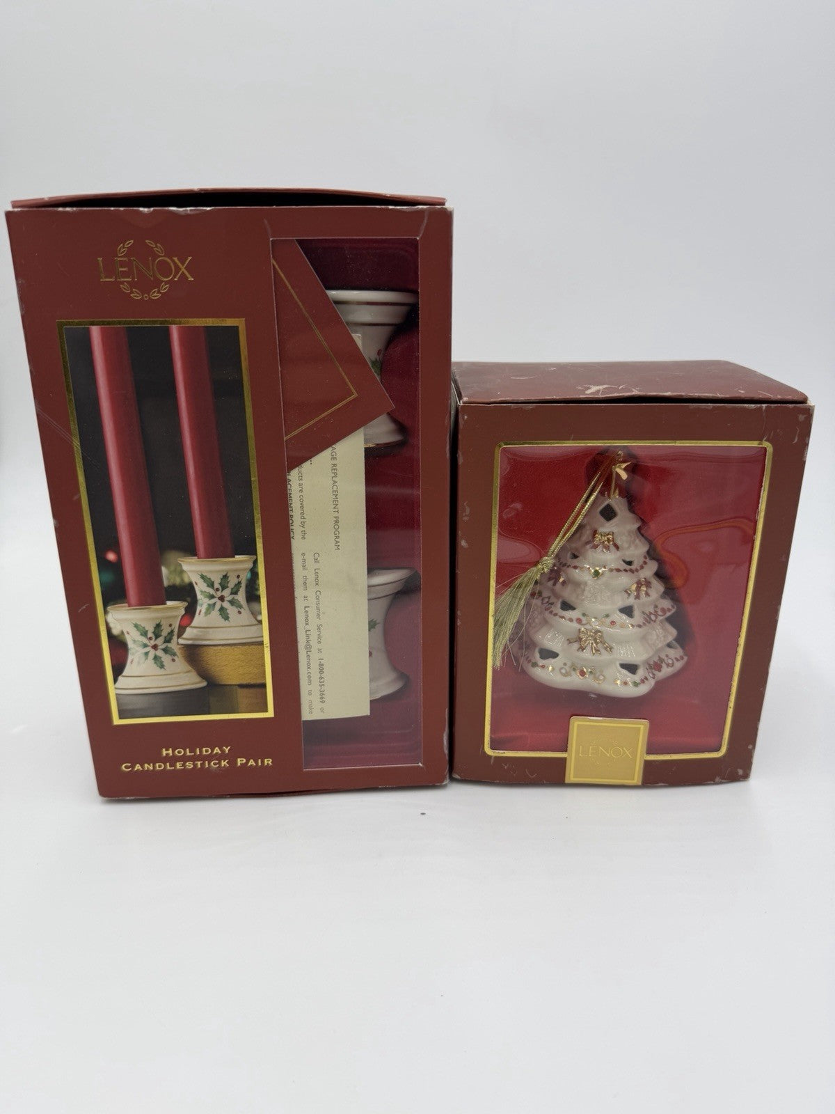 Lenox USA Porcelain Holiday Tapers Candlesticks & Bejeweled Tree Ornament