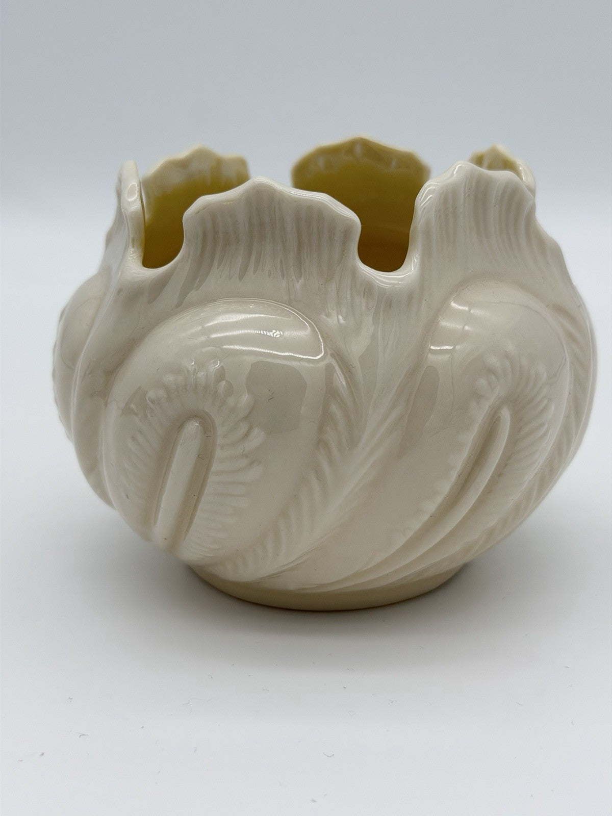 Belleek Ireland Porcelain Cabbage Leaf Planter Vase Yellow Luster  3 1/2” Vtg