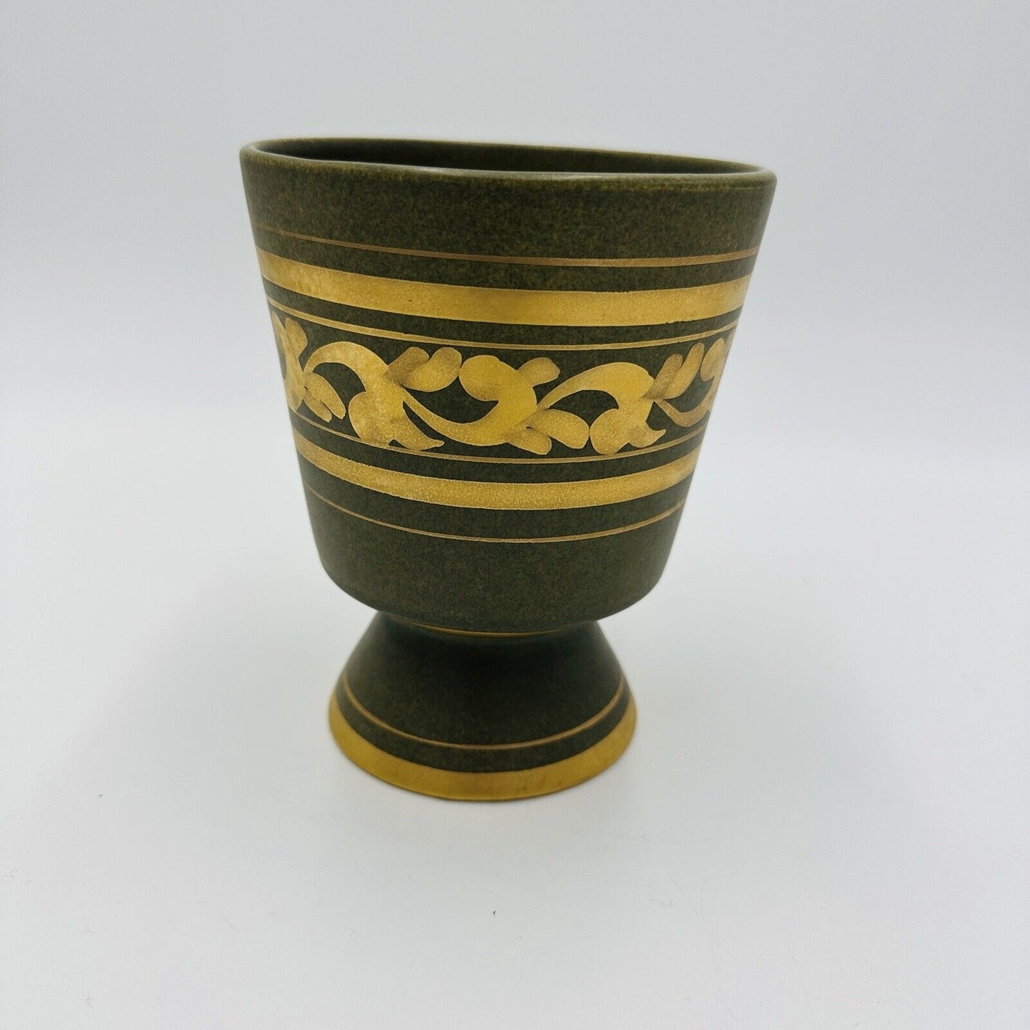 Vee Jackson Vase California Pottery Footed Planter Green Gold Trim MCM