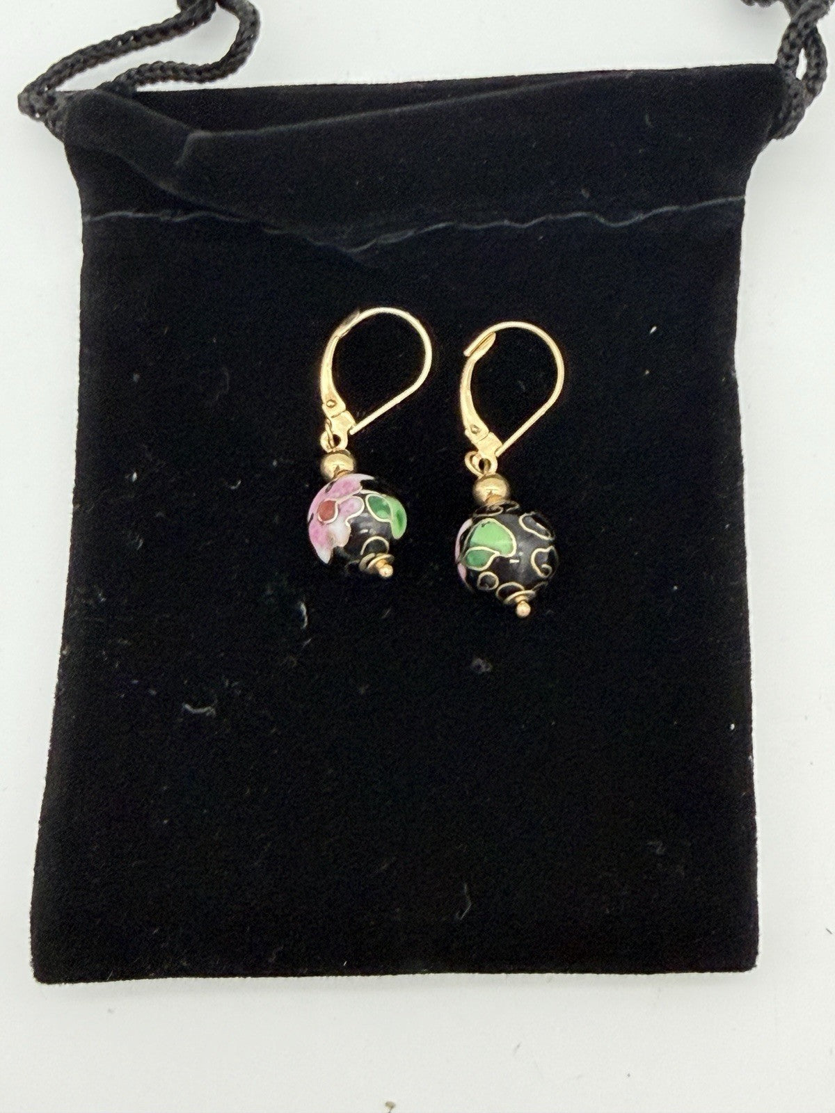 Vtg Pair of Earrings 14K Gold Cloisonne Flower Ball Drop Dangle Signed ZZ 585