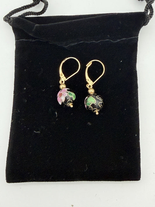 Vtg Pair of Earrings 14K Gold Cloisonne Flower Ball Drop Dangle Signed ZZ 585