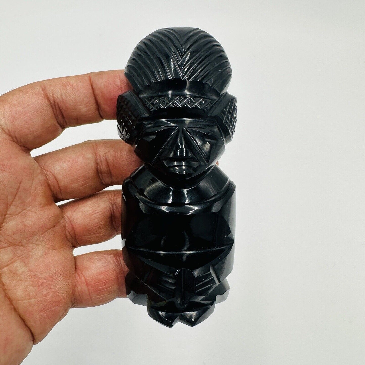 Black Obsidian Gold Sheen Hand Carved Aztec Mayan Idol Figurine 4.5in