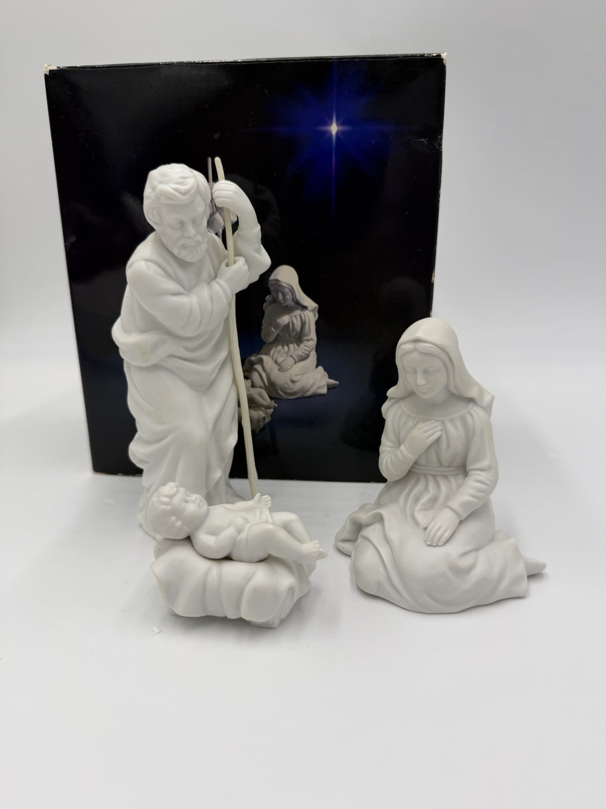 Vintage 1981 Avon White Bisque Holy Family Three Porcelain Figurines Nativity