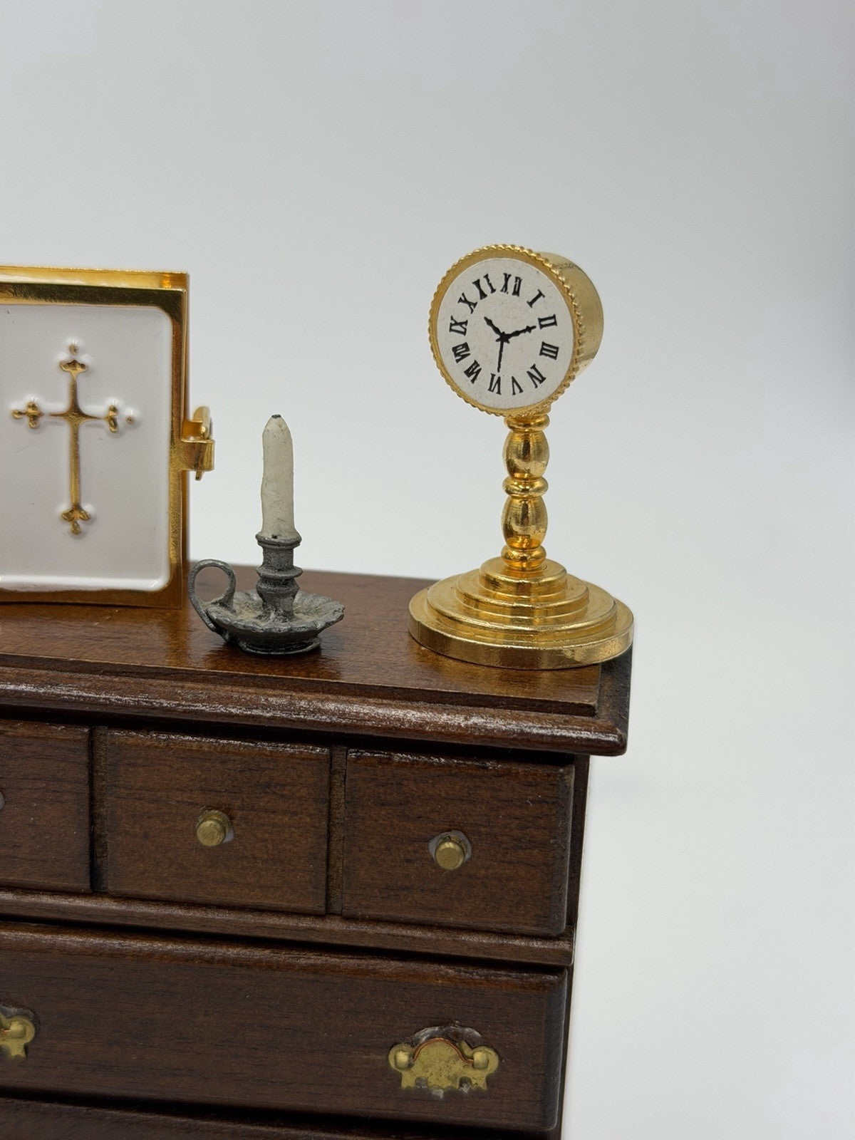 Vintage Dollhouse Furniture Miniature Lot Drawer Bible Clock Tea Set Table