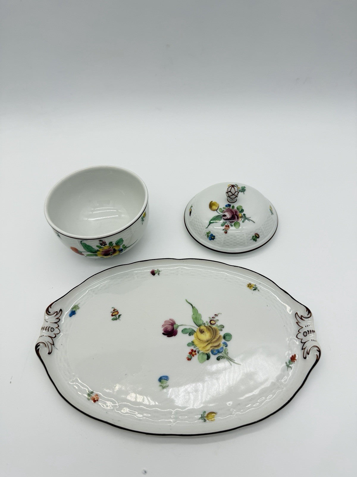 Antique Nymphenburg Porcelain Floral Sugar Bowl & Tray Basket Weave Set 2 PCs