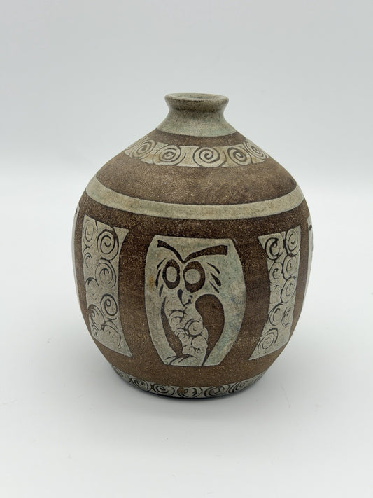 Vtg Clarence Cameron Art Pottery Stoneware Owl Embossed Vase Signed 1975 USA 6”
