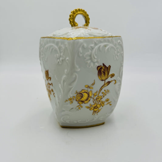 Limoges France Porcelain Floral Gold Painted Biscuit Jar Lidded 7" Twisted Rare