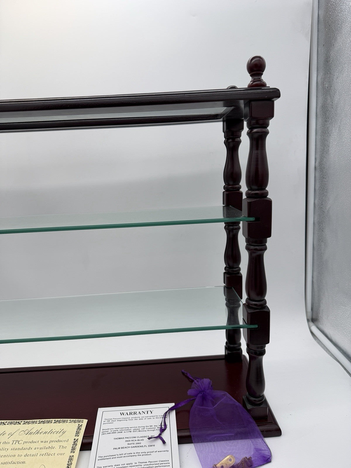 Vintage Thomas Pacconi Classics Wooden Mahogany Wall Shelf  Glass Display