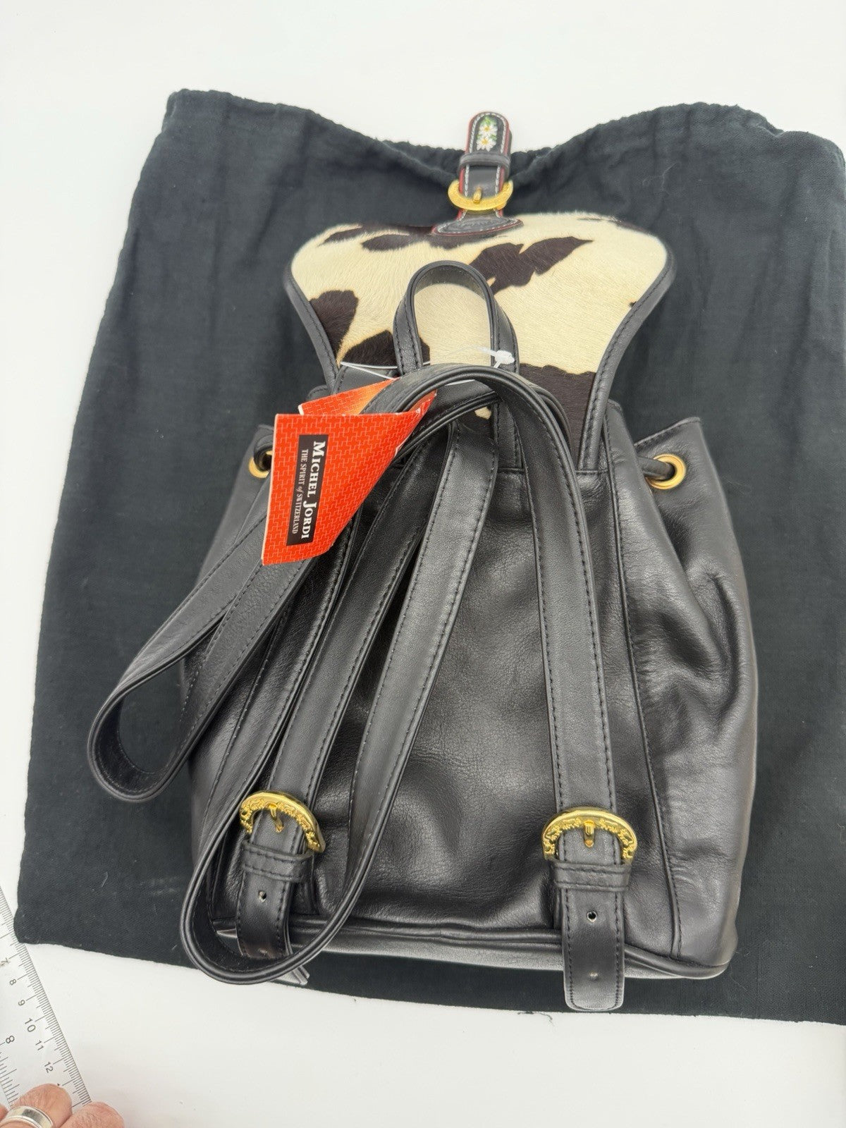 Michel Jordi Geneve Swiss leather backpack black & white cowhide accents NEW