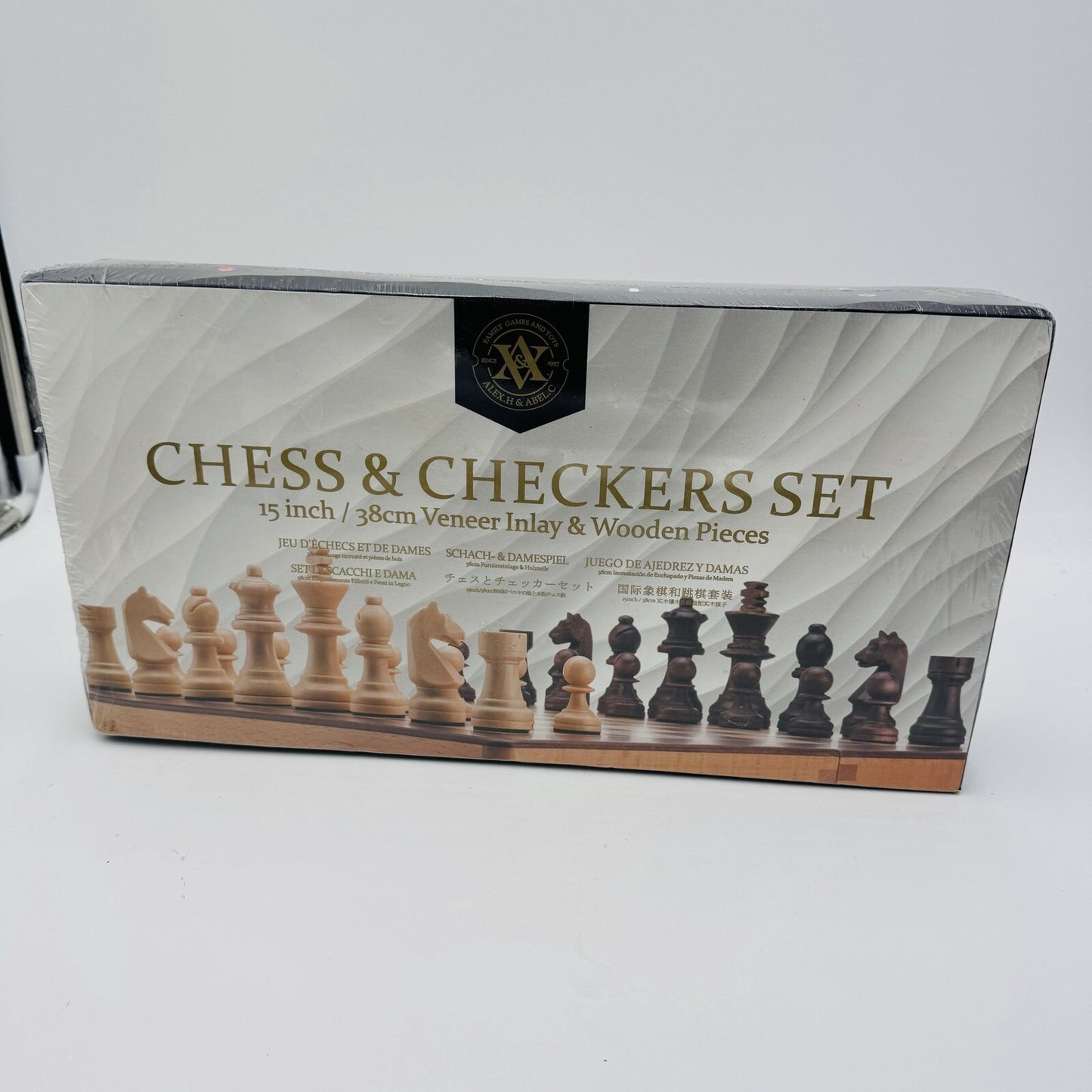 Alex & Abel Classy Chess Checkers Board Set Wood Veneer Inlay 15" Sealed New