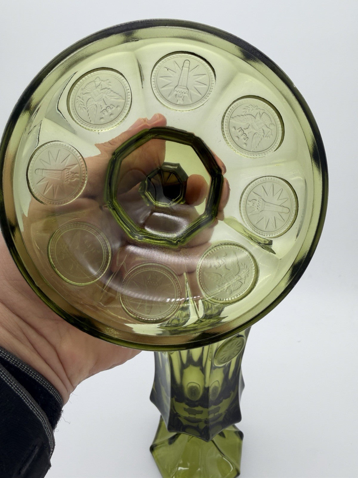 Fostoria Art Glass Embossed Coin 13”H olive Green Compote Lidded Urn Vase