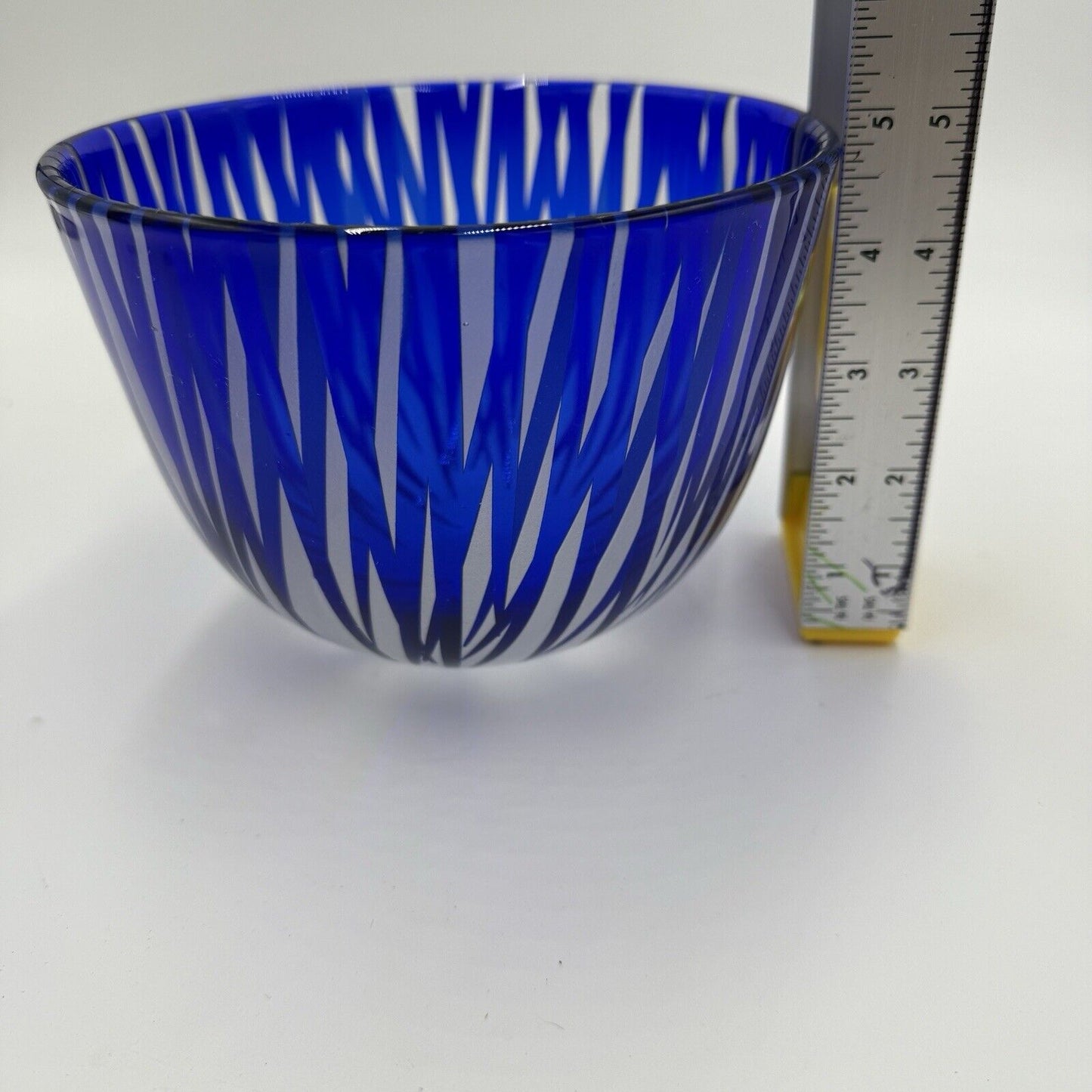 Engebretson Nielsen Art Glass Bowl Cobalt Interior Cut To Clear Signed 5”x6.5”