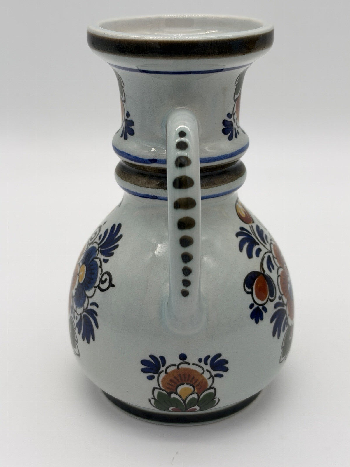 Delft Dutch Art Pottery Polychroom Pitcher Hand-Painted Floral Ceramic Vase 6”