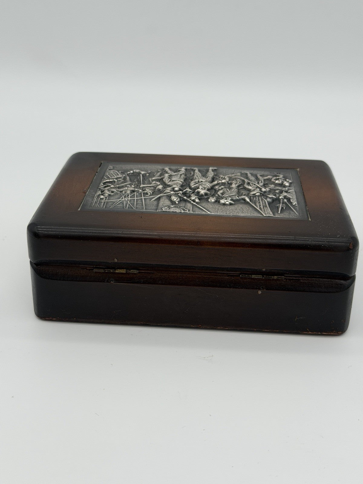 Antique Dutch Silver Mounted Wood Box Keepsake Folk Art Rembrandt’s Night Watch