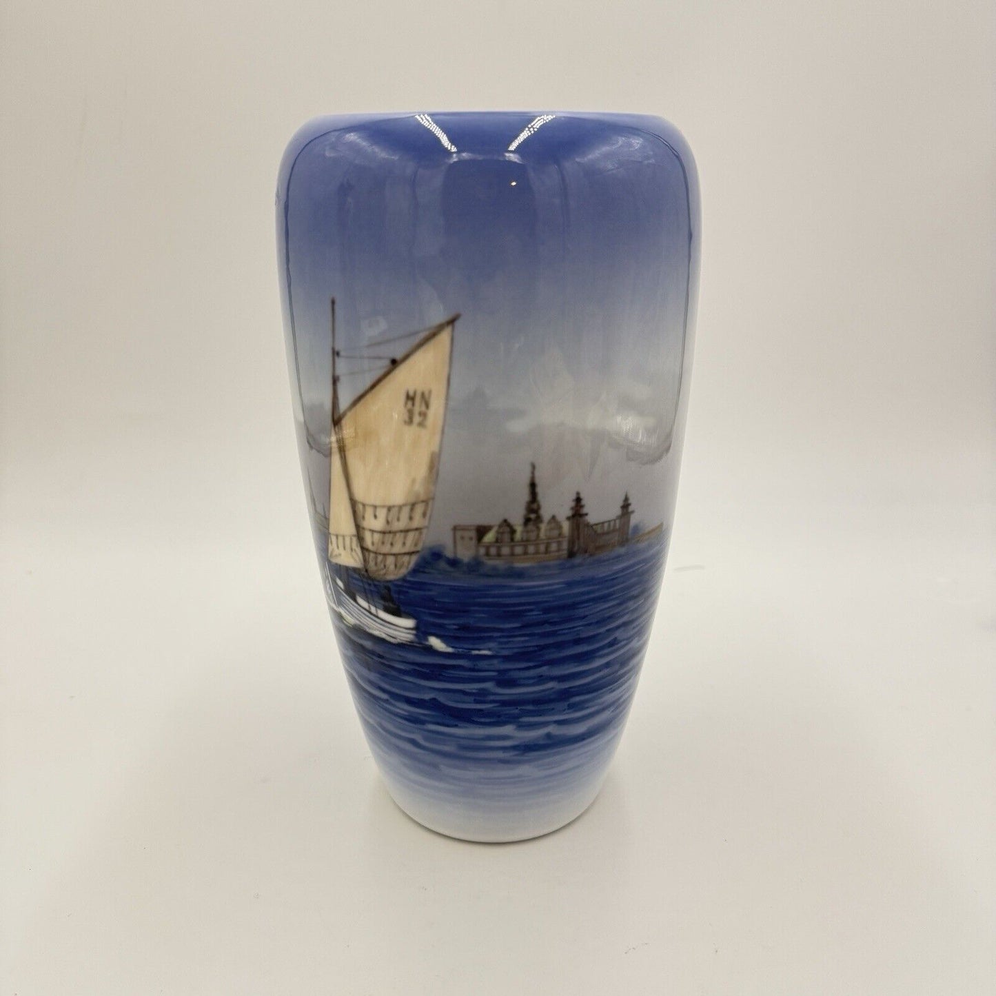 Royal Copenhagen Porcelain Denmark Nautical Boat Ocean Painting Vase 9” Vintage