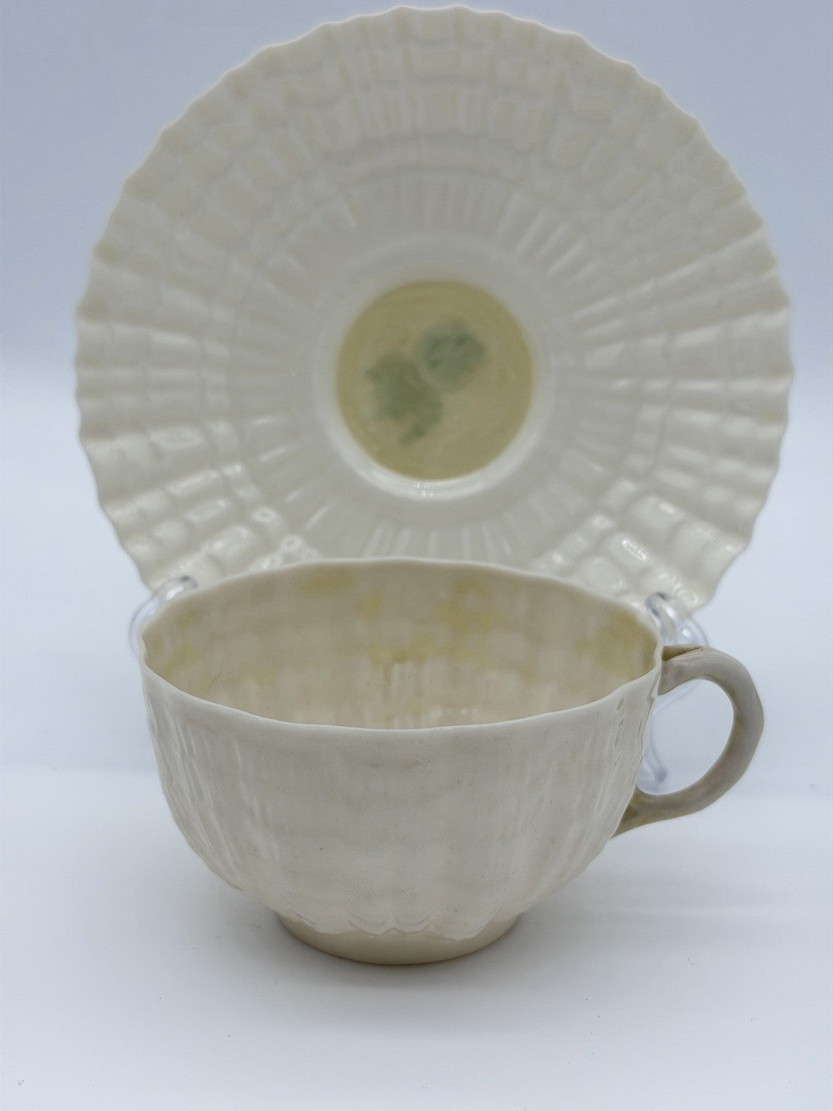 Belleek Ireland Porcelain Tridacna Shell Pattern Tea Cup & Saucer Set Vintage