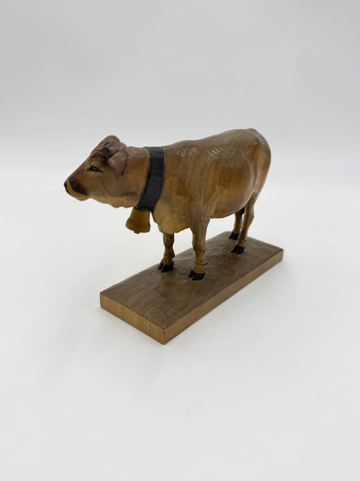 Swiss Folk Art Wood Carving Cow Signed HF Figurine Antique Switzerland 3.5”H X6”