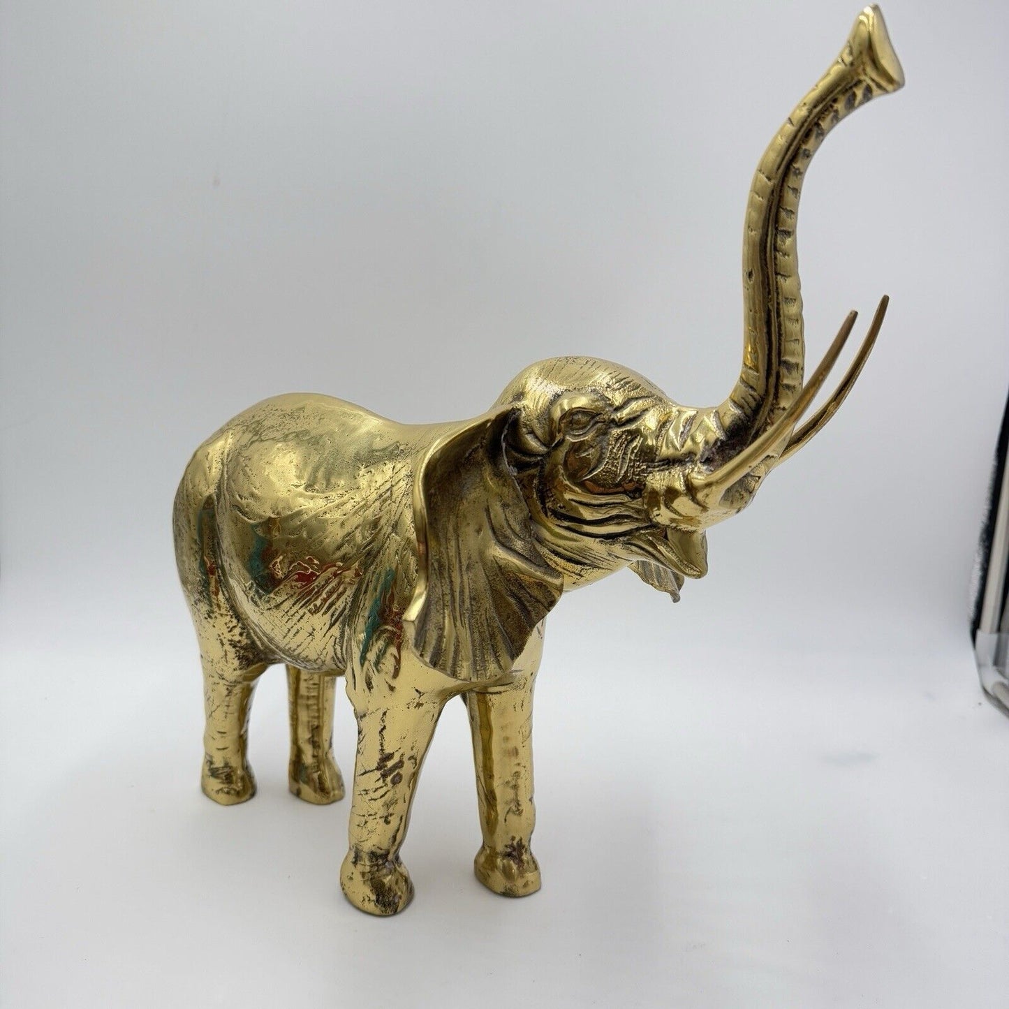 Solid Brass Elephant Sculpture Large 15”Tall Trunk Up Made In Korea Gold Heavy