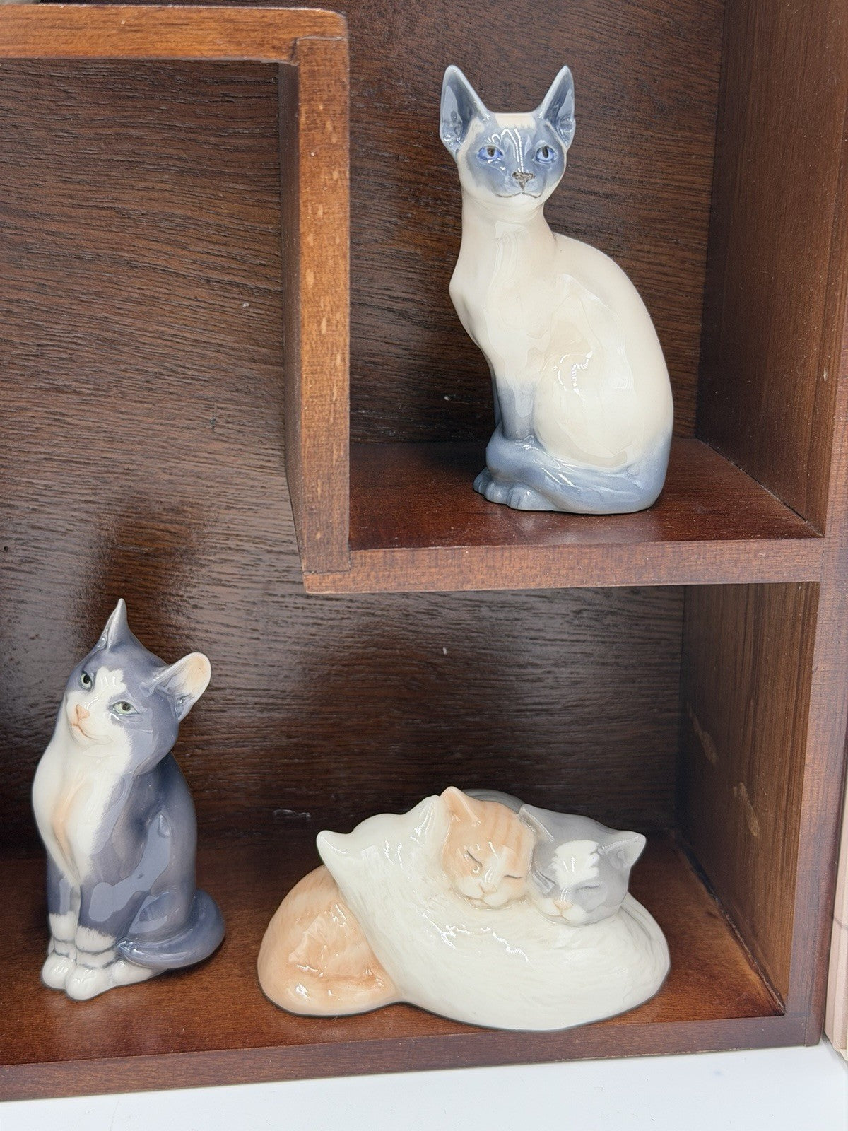 Royal Copenhagen Denmark Porcelain Cat Collection Mini Figurines Wood Shelf