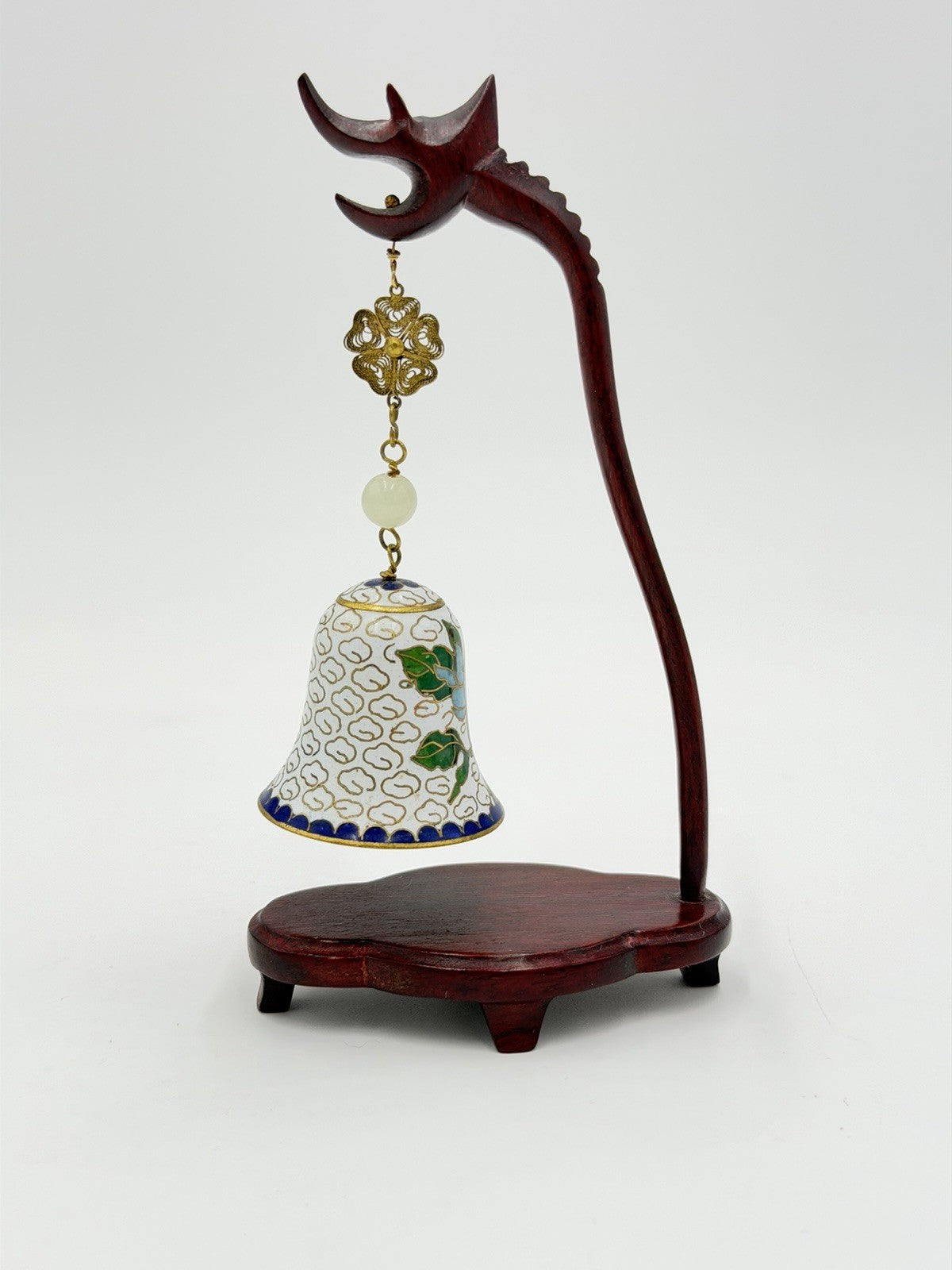 Vtg Chinese Cloisonne Enameled Bell Hanging On Wood Stand 5.75"H White Gold