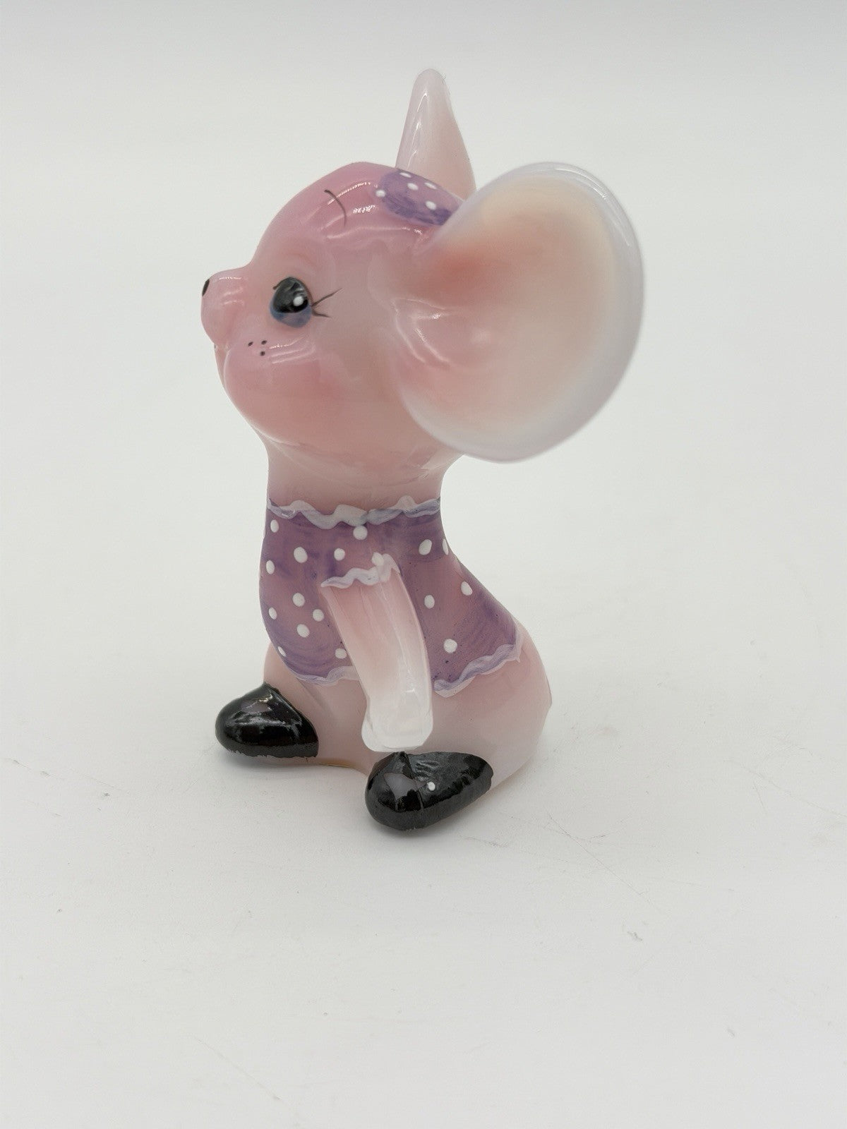 Fenton Art Glass Rosalene Purple Polka Dot Dress Hand Painted Mouse Figurine
