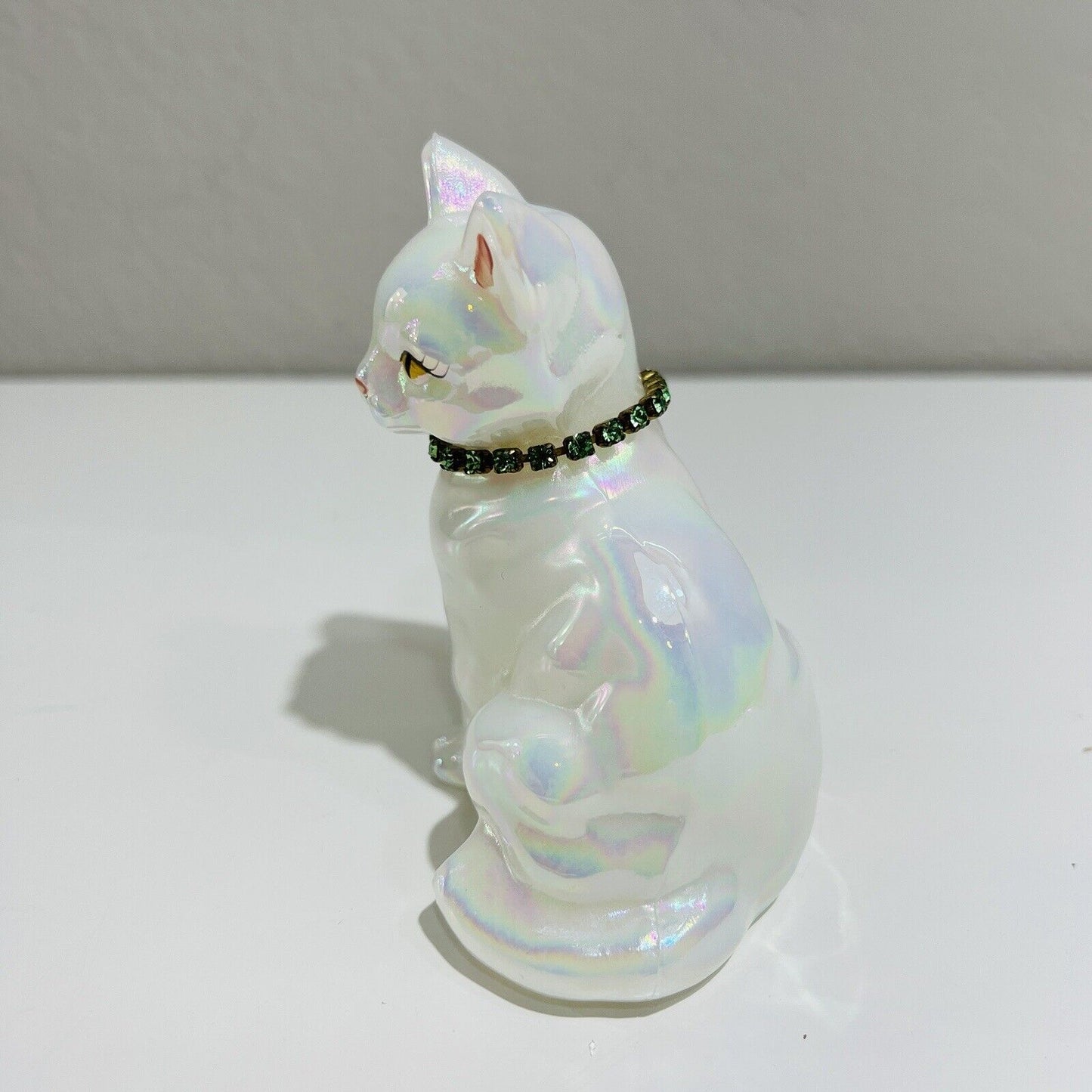 Fenton Cat Figurine May Birthstone Art Glass Iridescent White Signed by Artist