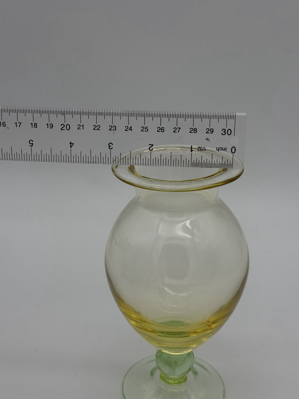 Vintage Tiffin art glass yellow w/green footed base Flower Vase 7”H Pedestal