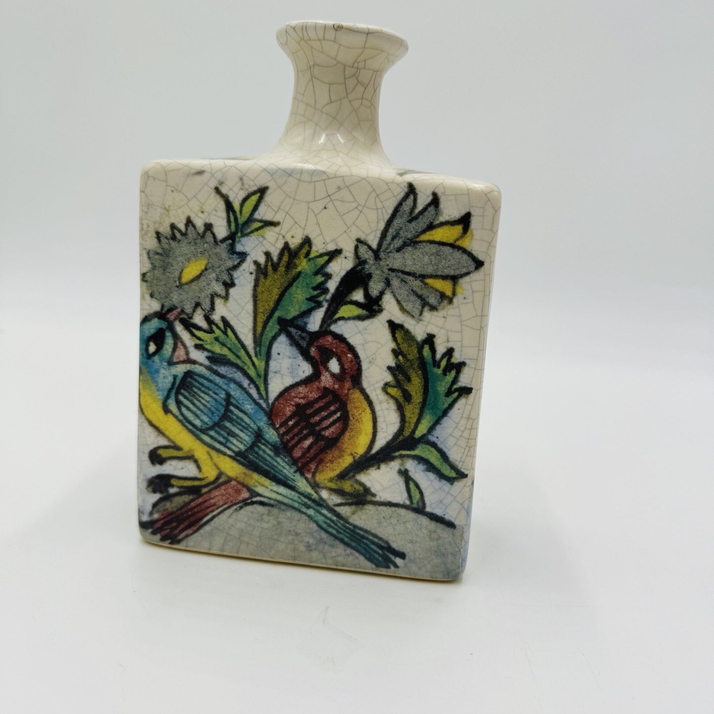 Pottery Barn Ikat Crackled Flower Vase Floral Birds 7” Original PB Sticker