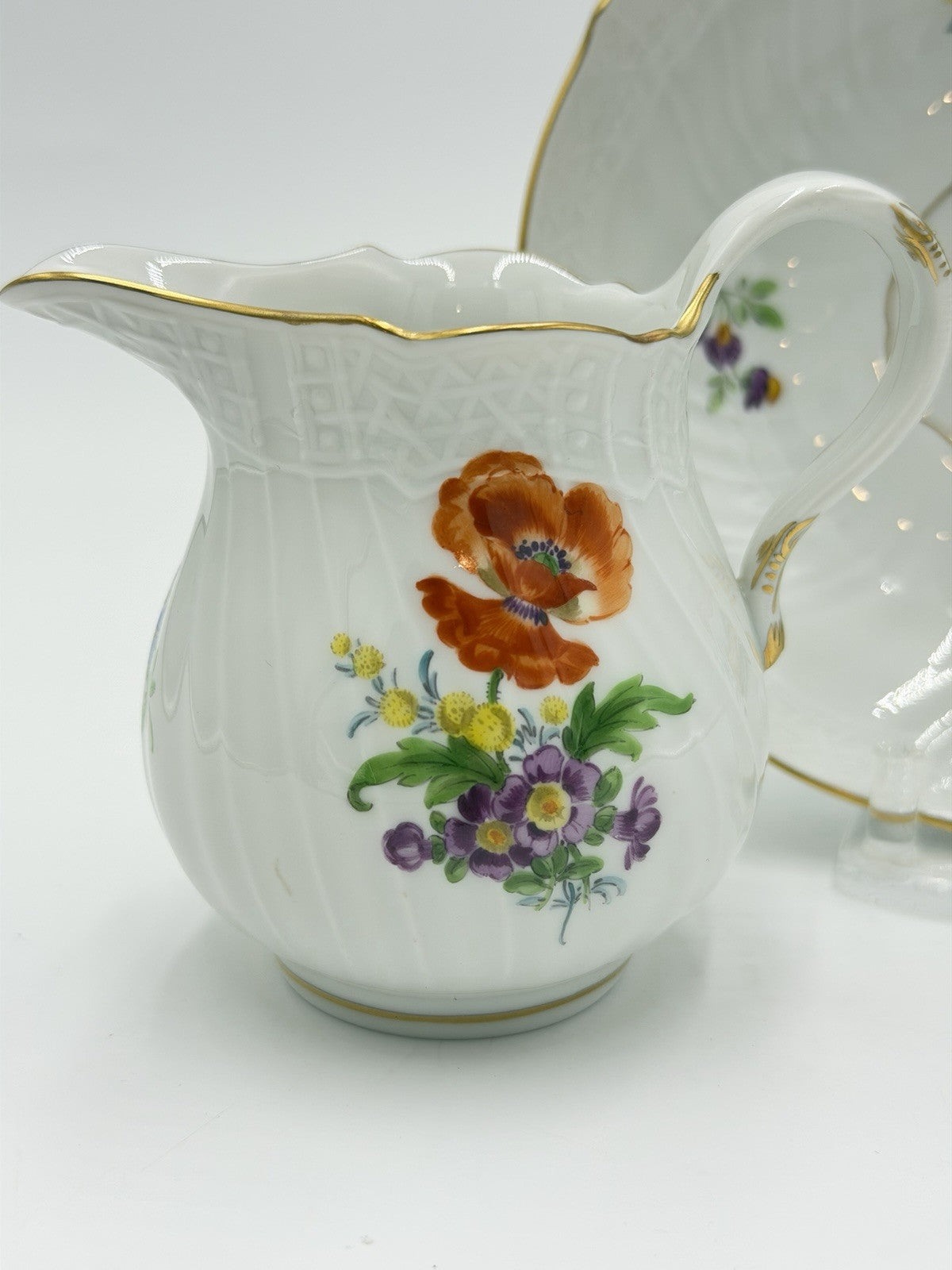 Antique Meissen Neubrandenstein Germany Porcelain Creamer & Saucer Set Floral