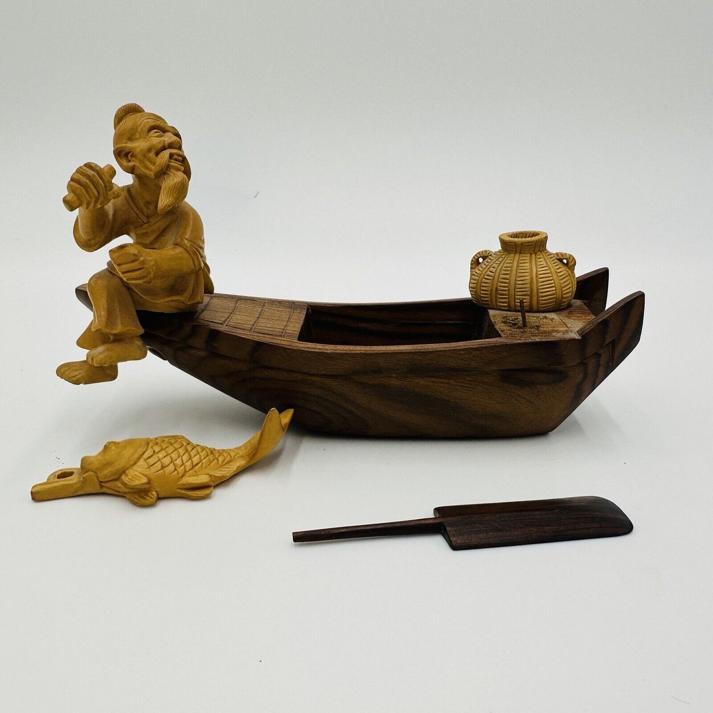 Taipei Fisherman Carved Wood Chinese Figurines Journey to the West Sanxing Hotei