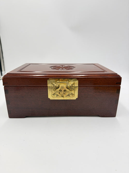 Vintage Chinese Jewelry Carved Rosewood Brass Accents Red Lining Jewelry Box