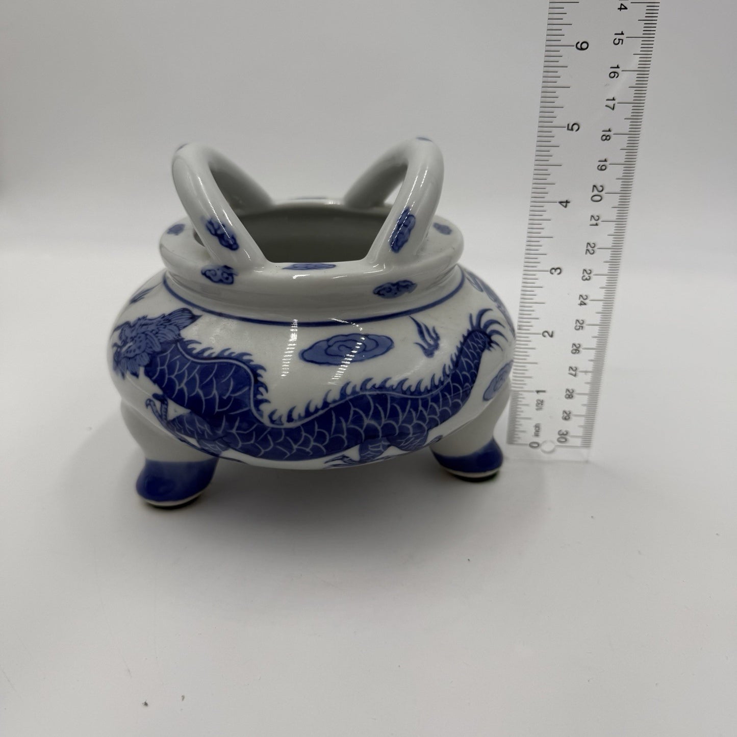 Vtg Quainlong Chinese Incense Burner Bowl Porcelain Marked Dragons Tripod Handle