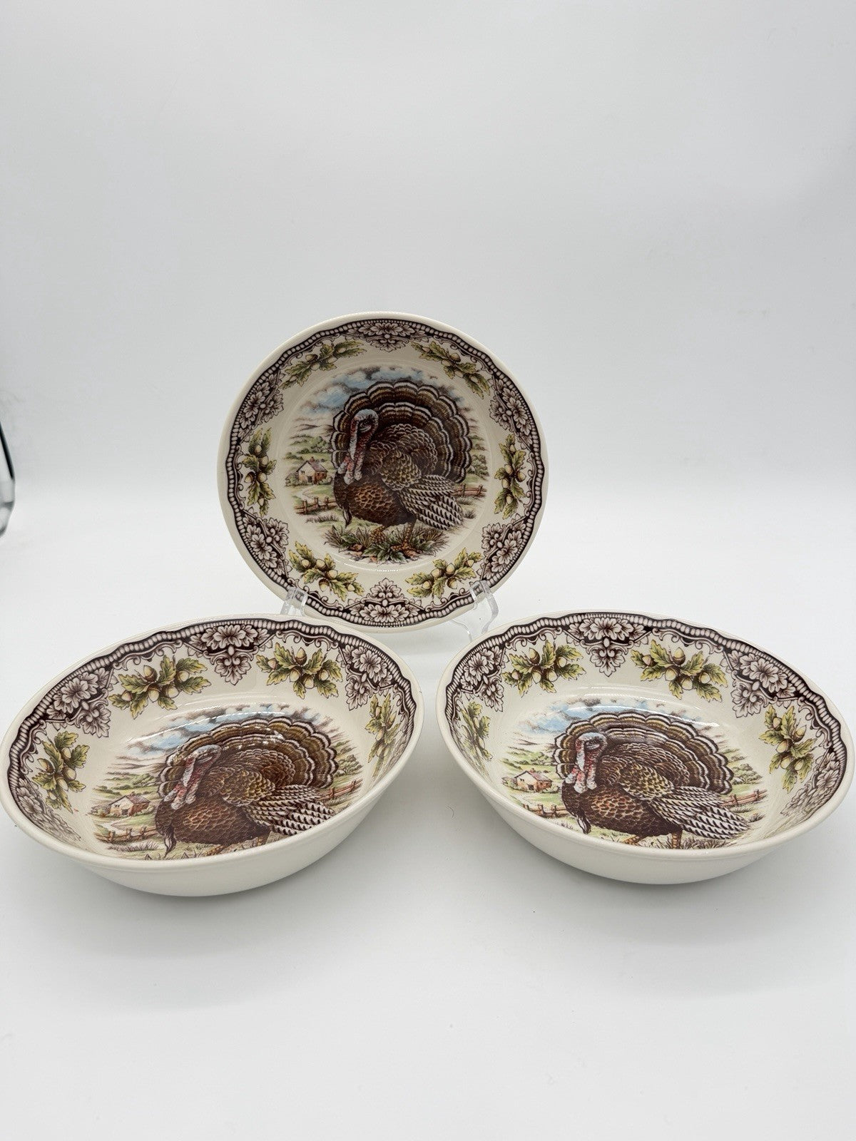 Victorian English Pottery Turkey Bowls Dinnerware Fall Thanksgiving 7”set 3 PCs
