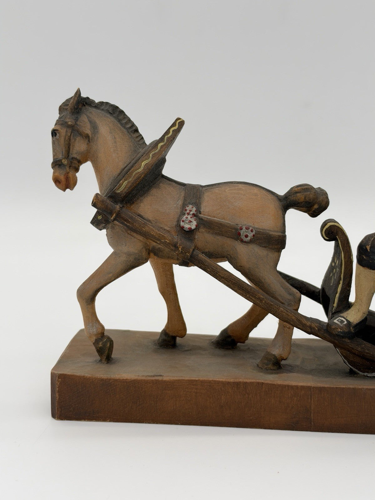 Antique folk art wood carving August Runggaldier Italy  farmers on horse sleigh